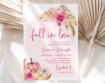 Fall in Love Bridal Shower Invitation, Arch Boho Pink Pumpkin Bridal Shower Invite, Fall Bridal Shower, Editable Autumn Bridal Shower F2