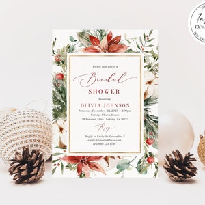 Winter Bridal Shower Invitation Template, Printable Pine Christmas Wedding Shower Invite, Holiday Red Greenery Gold Bridal Shower Invitation