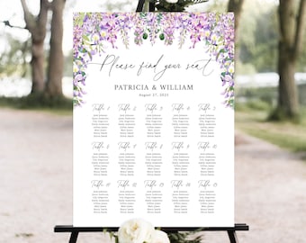 Puede incluir: Un plano de asientos de boda blanco con detalles florales morados. El plano enumera los nombres de los invitados por número de mesa. El texto dice "Por favor, encuentre su asiento" y "Patricia & William" con la fecha "27 de agosto de 2025".