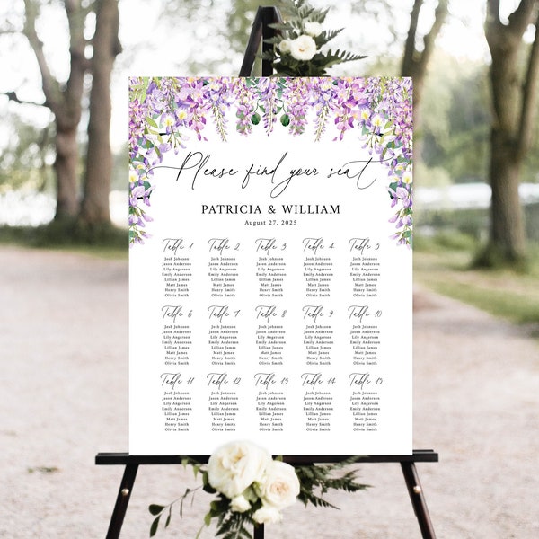 Wisteria Seating Chart, Printable Elegant Light Purple Wedding Seating Plan, Editable Dusty Lilac Greenery Seating Chart Sign Template WW1