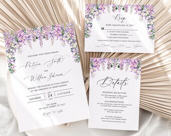 Wisteria Wedding Invitation Template, Purple Wedding Invitation Suite, Purple Pink Greenery Flower Wedding Invite Set Instant Download WW1