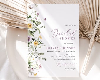 Plantilla de invitación de despedida de soltera de flores silvestres púrpuras Flores silvestres de vegetación púrpura Invitación de despedida de soltera Elegante jardín de pradera Despedida de soltera W11