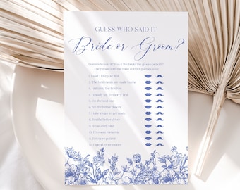 May include: A blue and white printable bridal shower game card with the text "Guess Who Said It? Bride or Groom?" and a list of questions for guests to guess who said each statement. The card features a floral border with blue flowers and leaves.