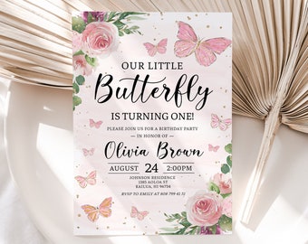 Editable Blush Pink Butterfly Birthday Invitation Whimsical Pink Floral Our Little Butterfly Girl Birthday Party Invitation Instant Download