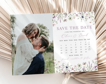 Wildflower Save the Date Card Template, Wildflower Wedding Save Our Date, Boho Photo Floral Engagement Announcement Instant Download W6