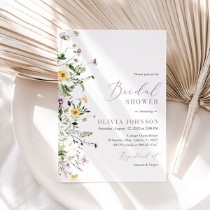 Purple Wildflower Bridal Shower Invitation Template Purple Greenery Wildflowers Bridal Shower Invite Elegant Meadow Garden Bridal Shower W11