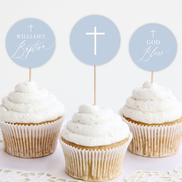Dusty Blue Baptism Cupcake Toppers, Editable Christening Cupcake Toppers, Printable Blue White Cupcake Topper, Baptism Decor, Boys Baptism