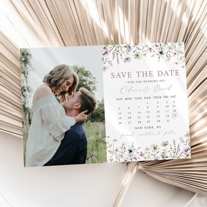 Wildflower Save the Date Card Template, Wildflower Wedding Save Our Date, Boho Photo Floral Engagement Announcement Instant Download W6