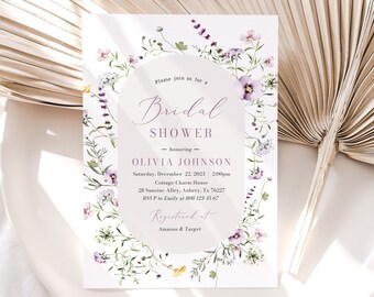 Plantilla de invitación de despedida de soltera de flores silvestres púrpuras Flores silvestres de vegetación púrpura Invitación de despedida de soltera Elegante pradera jardín despedida de soltera W7