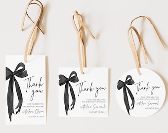 Editable Black Bow Birthday Party Favor Tag Template Minimalist Black Bow Coquette Gift Tags, Black Ribbon Bow Thank You Tag Favors Stickers