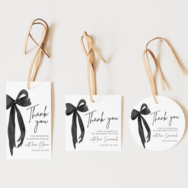 Editable Black Bow Birthday Party Favor Tag Template Minimalist Black Bow Coquette Gift Tags, Black Ribbon Bow Thank You Tag Favors Stickers