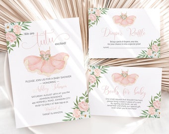 Tutu Baby Shower Invitation, Tutu Excited Invite, Ballerina Baby Shower Invitation, Editable Blush pink and gold Girl Baby Shower Invitation