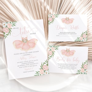 Tutu-Babyparty-Einladung, Tutu Aufgeregt einladen, Ballerina-Babyparty-Einladung, bearbeitbar Blush rosa und gold Mädchen-Babyparty-Einladung