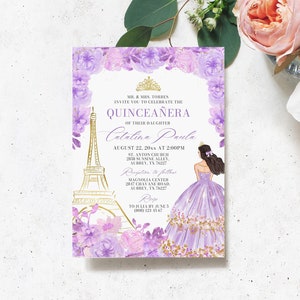 Purple Floral Quinceanera Invitation, Paris Eiffel Tower Quinceanera Invite, Mis Quince 15 Anos, 15th birthday Lilac Quinceanera Invitations