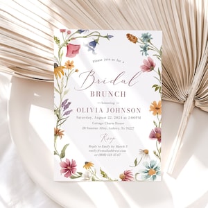 Wildflower Bridal Brunch Invitation Template, Red Wildflowers Greenery Bridal Brunch Invite, Meadow Bridal Brunch Garden Bridal Brunch W10