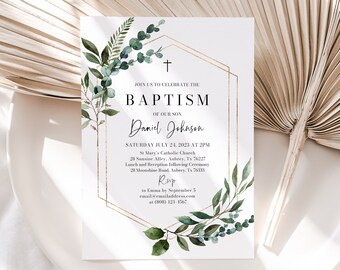 Baptism Invitation Template, Editable Greenery Gold Baptism Invitation, Eucalyptus Baptism Invitation Printable Greenery Baptism Invite B1