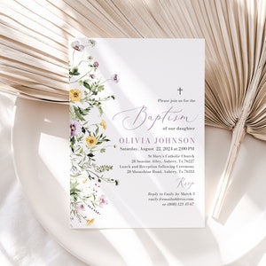 Wildblumen Taufe Einladung Wildblumen Taufe Invite Lila Blumen Kreuz Taufe Mädchen Wildblumen Erstkommunion Einladung W4