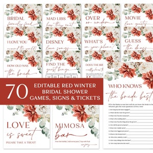 Editable Winter Bridal Shower Games, Red Floral Greenery Christmas Bridal Shower Game Bundle, Red Snow in Love Bridal Party Games Package S1