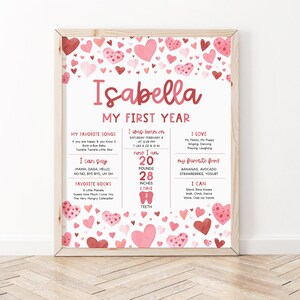 A Little Sweetheart First Year Milestone Sign Template, Girl Pink Hearts Birthday Party Sign, Valentine Milestone 1st Birthday Poster Stats