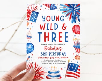 May include: A red, white, and blue birthday invitation for a child turning three. The invitation features a watercolor illustration of a cake, fireworks, and a gift box. The text on the invitation reads "Young Wild & Three Dakota's 3rd Birthday Saturday, July 4th, 3:00PM The Johnsons Residence 28 Aoloa Street, Kailua, HI 96734 RSVP to Amy at 513-205-8384".