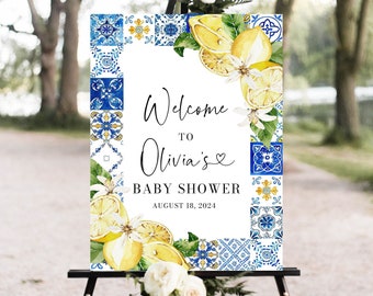 Plantilla de signo de bienvenida de baby shower de limón de azulejos azules, cartel de bienvenida de baby shower de Positano mediterráneo de la costa de Amalfi de limón italiano editable M5