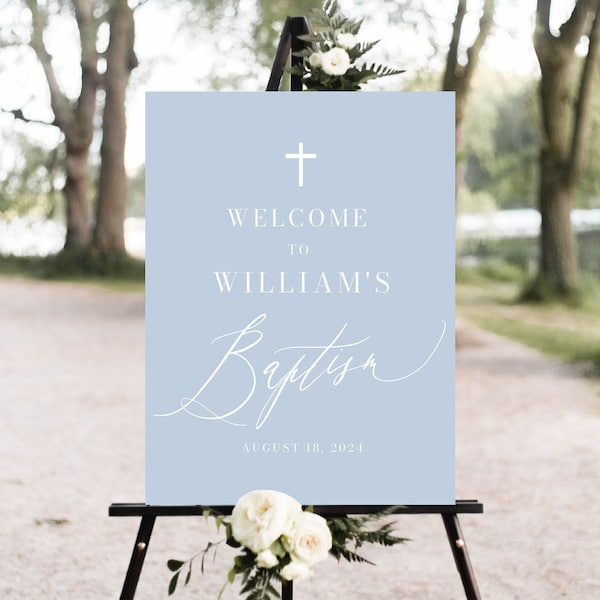 Dusty Blue Baptism Welcome Sign, White Cross Dusty Blue Christening Welcome Sign, Modern Baptism Welcome Poster, Blue Baptism, Boy Baptism