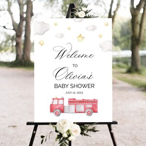 Plantilla de signo de bienvenida de Firetruck Baby Shower, bombero editable, cartel de bienvenida de Baby Shower, signo de bienvenida de bombero imprimible, DESCARGA INSTANTÁNEA