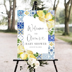 Modello di cartello di benvenuto per baby shower con piastrelle blu e limone, poster di benvenuto per baby shower mediterraneo modificabile con limone italiano della Costiera Amalfitana M5
