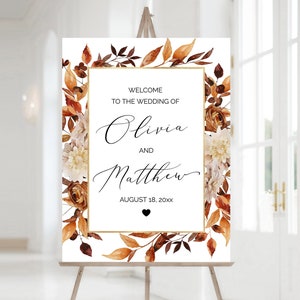 Herbst Hochzeit Willkommensschild Vorlage, Herbst Hochzeit Zeremonie Zeichen, Rustikale gebrannte Orange Blätter Hochzeit Willkommensplakat, Sofortiger Download