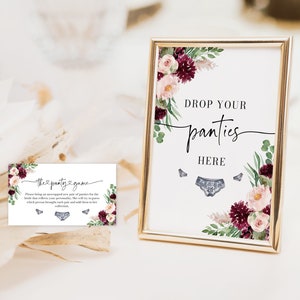 Drop Your Panties Here Sign, Lingerie Shower Sign, Burgundy Floral Panty Game, Drop Your Panties Here Sign Template Lingerie Shower Game L1