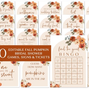 Jeux de douche nuptiale d'automne modifiables, lot de jeux de douche nuptiale citrouille d'automne bohème, lot de jeux de fête nuptiale d'automne orange brûlé imprimable F1