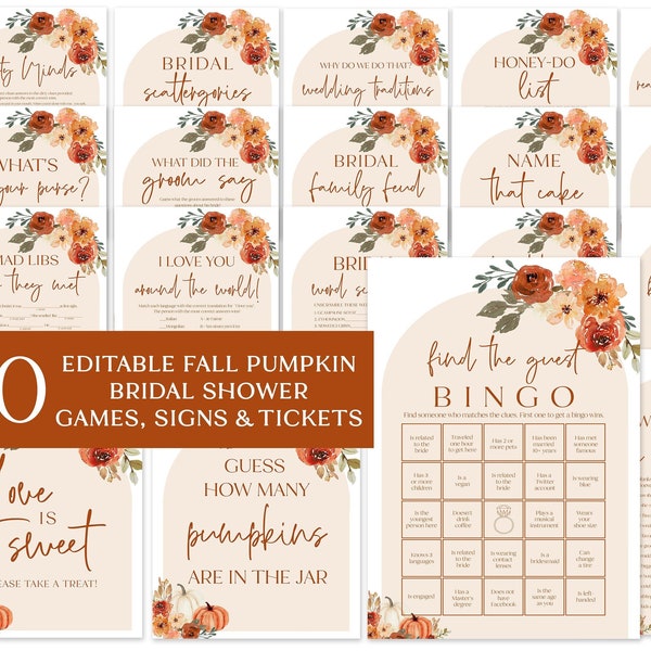 Editable Fall Bridal Shower Games, Boho Fall Pumpkin Bridal Shower Game Bundle, Printable Burnt Orange Autumn Bridal Party Games Package F1