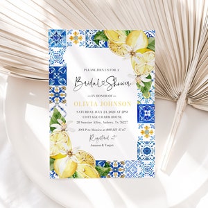 Italian Blue Tile Lemon Bridal Shower Invitation Template Mediterranean Bridal Shower Invitations Positano Blue Tile Hens Party Invite M1