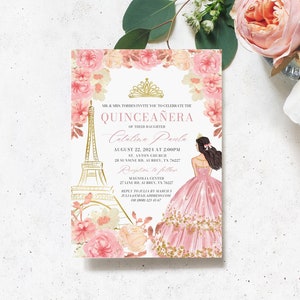 Blush Pink Floral Quinceanera Invitation, Paris Quinceanera Invite, Mis Quince 15 Anos Invite 15th birthday, Rose Gold Quinceañera Invite