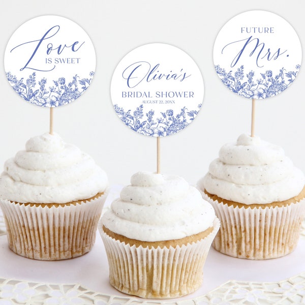 Blue Floral Bridal Shower Cupcake Toppers Template Editable Vintage Botanical Victorian Blue Cupcake Toppers Something Blue Bridal Shower B3