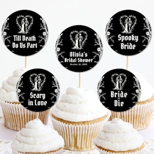 Editable Halloween Bridal Shower Cupcake Toppers Template Printable Black Skeleton Till Death Do Us Part Bride or Die Bridal Shower Decor H2