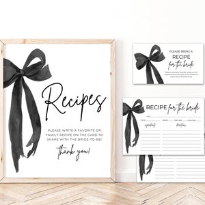 Modèle de carte de recette de douche nuptiale She's Tiing the Knot, carte de recette minimaliste avec noeud noir, cartes de recettes de cuisine noeud coquette ruban noir