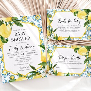 Positano Blue Tile Zitronen Baby-Dusche-Einladungs-Bundle, italienische Mittelmeer-Baby-Dusche lädt ein, Amalfiküste-Sommer-Zitronen-Baby-Dusche M4