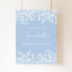 Modelo de sinal de boas-vindas floral azul para chá de panela, cartaz de boas-vindas para festa de noiva floral vintage azul, algo azul antes de eu fazer a decoração do chuveiro B4