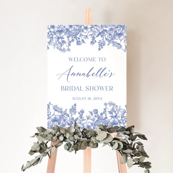 Blue Floral Bridal Shower Welcome Sign Template, Blue Vintage Botanical Bridal Party Welcome Poster Something Blue Before I Do Decoration B3