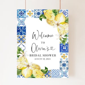Piastrelle blu Cartello di benvenuto per addio al nubilato al limone, modificabile, italiano mediterraneo, Positano, addio al nubilato, poster di benvenuto, limoni, cartello della Costiera Amalfitana M1