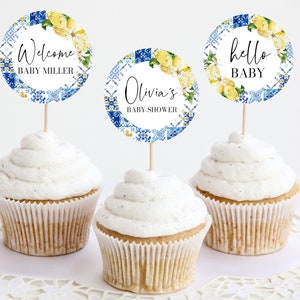 Editable Blue Tiles Lemons Baby Shower Cupcake Toppers, Printable Italy Mediterranean Baby Shower Cake Labels Amalfi Coast Shower Decor M5