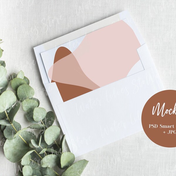 Envelop Liner uitnodiging Mockup, bruiloft briefpapier mockup, Eucalyptus, bruiloft envelop Mock Up, groen Mockup, kaarten, stockfoto