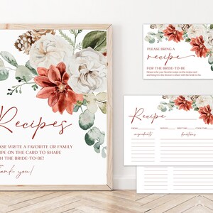 Red Winter Recipe Card Template, Editable Red Floral Greenery Christmas Bridal Shower Recipe Cards, Printable Holiday Recipe Cards Sign S1