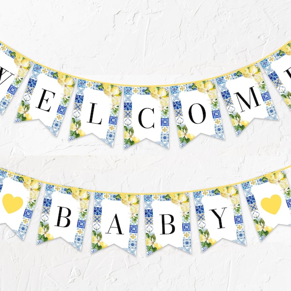 Blaue Fliesen Zitrone Babyparty Willkommen Baby Banner Vorlage, Mittelmeer Baby Wimpelkette Banner, bearbeitbare Italien Amalfi Küste Flagge Banner M5