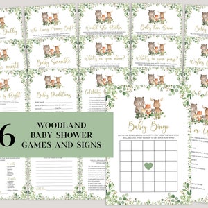 Greenery Woodland Baby Shower Games and Signs Package, Editable Forest Animals Woodland Baby Shower Games Bundle, Games Set Instant Download