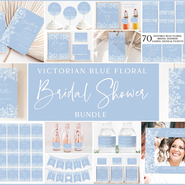 Dusty Blue White Floral Bridal Shower Invitation Bundle, Printable Vintage Floral Bridal Shower Games Bundle Something Blue Before I do  B4