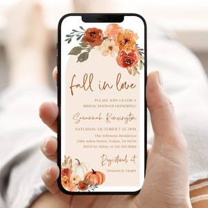 Fall in Love Bridal Shower Digital Invitation, Arch Boho Fall Pumpkin Bridal Shower Evite Editable Electronic Autumn Bridal Shower Invite F1