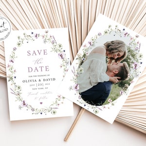 Wildflower Save the Date Card Template, Wildflower Wedding Save Our Date, Boho Photo Floral Engagement Announcement Instant Download W6