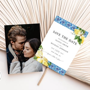 Blaue Fliesen Zitrone Foto Save the Date Kartenvorlage, Mittelmeer Hochzeit Save Our Date, Amalfiküste Toskanische Verlobungsmitteilung W13